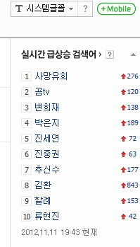 11일, 7시 곰TV생중계 되고 있는  진중권VS변희재 '사망유희'가 실시간 검색어 1위에 올랐다. ⓒ 네이버 화면캡처