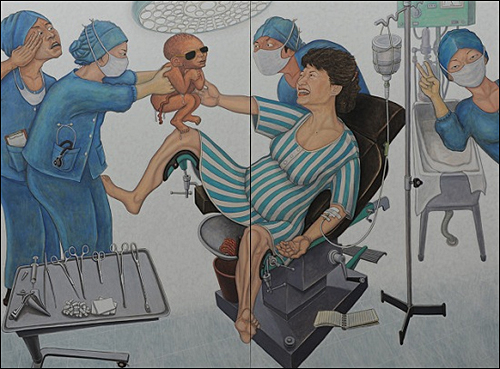 민중미술가 홍성담 화백이 그린 ‘박근혜, 박정희 출산 그림’ 논란이 일파만파 확산되고 있다. ⓒ 평화박물관 홈페이지 캡처