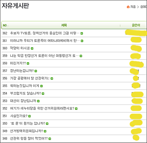 중앙선거관리위원회의 재질문‧재발론을 금지한 대선후보 TV 토론 방식에 대해 항의가 빗발치고 있다. ⓒ 중앙선거방송토론위원회 홈페이지 자유게시판 화면 캡처