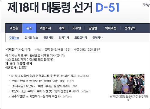 <뉴시스>의 ‘안철수 부인 바라보는 박근혜 후보’란 제목의 사진기사가 오후 11시경 삭제됐다. 미디어다음 캡처