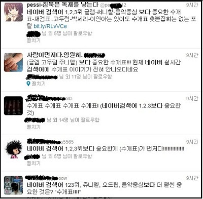 대한문에 모인 시민들이 수개표를 더 많은 사람들에게 알리기 위해 네이버 실시간 검색어 1,2,3위와 함께 "이것 보다 더 중요한 것은 수개표”라는 문구를 트위터로 전송했다. ⓒ 트위터