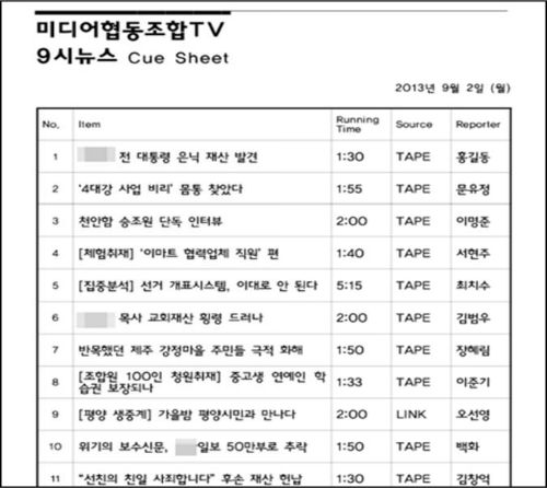 국민TV의 가상 9시 뉴스 큐시트 ©미디어협동조합 국민TV(가) 준비위원회