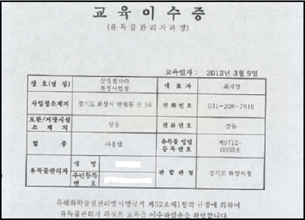 삼성전자가 경기도에 제출했다는 유독물관리자자격 입증 자료 ⓒ 진보정의당 심상정 의원 공개 자료