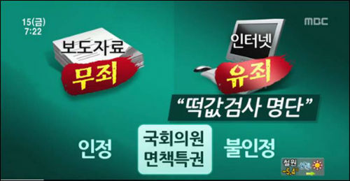 국회의원 면책특권에 보도자료 배포로 언론에 보도한 것은 포함되지만 의원 홈페이지 게재는 포함되지 않는다 ©MBC 캡처