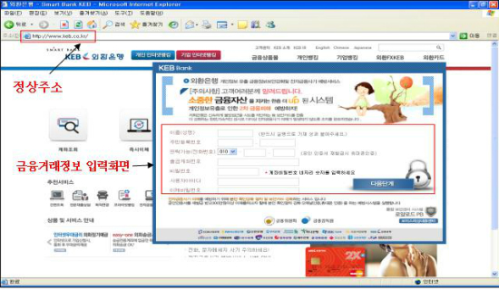 은행과 99% 똑같은 가짜 피싱 사이트. ⓒ금융위원회