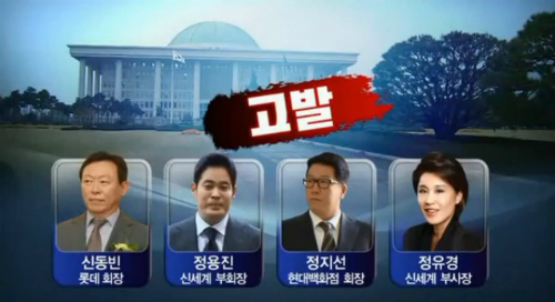 국회 청문회 불출석으로 정식 재판에 회부된 (왼쪽부터) 신동빈 롯데회장, 정용진 신세계 부회장, 정지선 현대백화점 회장, 정유경 신세계 부회장 ⓒKBS 화면 캡처