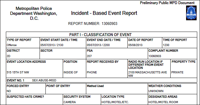 워싱턴DC 경찰보고 접수서. 사건발생 장소란에 “호텔 방(Hotel/motel Room)”이라고 적혀 있다. ⓒ 박상균 기자