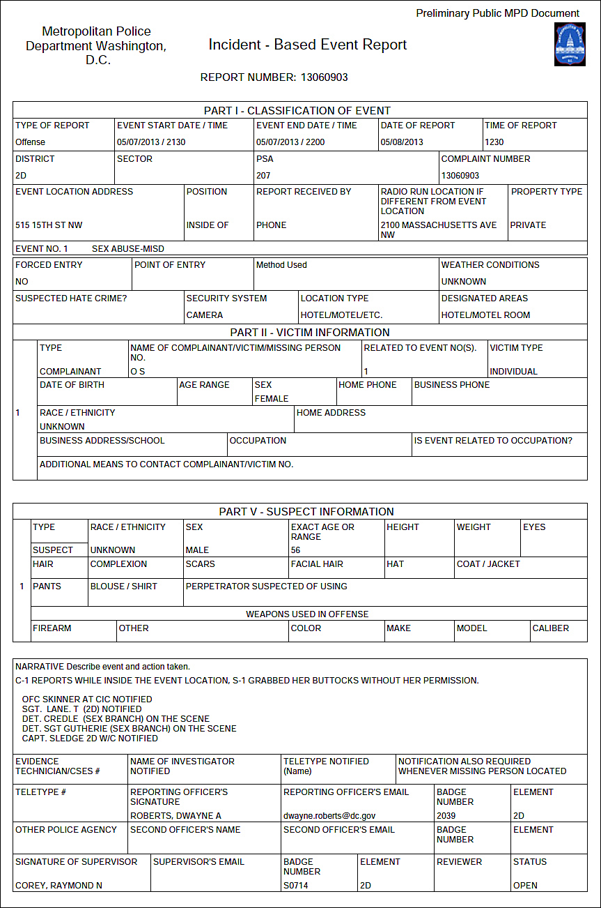 지난 9일(미국시간) 워싱턴 D.C. 경찰국으로부터 입수한 ‘예비신고접수 서류(Preliminary MPD Public Report)’ 원본. ⓒ 박상균 기자