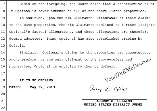 23일(미국시간) 긴급 입수한 연방법원 캘리포니아 중앙법원의 ‘복합소송(CV 04-2788/3386/3910)’ 판결문. 담당 오드리 콜린스 판사는 김경준 씨 가족의 자진 권리포기로 법원이 지정한 부동산 등의 재산권이 옵셔널캐피탈 측에게 자동적으로 넘어간다고 판시했다. ⓒ 박상균 기자