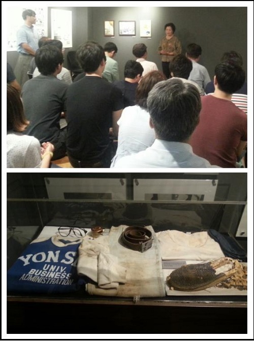 참가자들에게 감사를 전하는 배은심 여사(상), 이한열 기념관 4층에 보관된 이한열 열사의 유품(하) ⓒ 'go발뉴스'