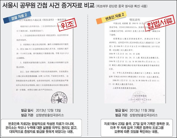 검찰과 변호인단의 증거자료 비교 내용. 이미지 출처:한국일보 ⓒ‘아이엠피터’ 블로그