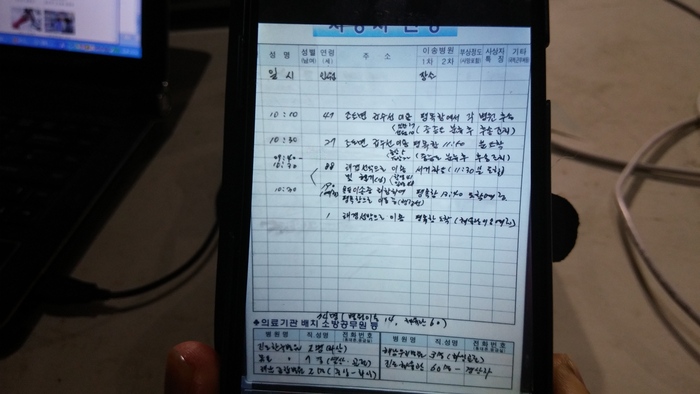 뉴스1 박준배 기자가 사고첫날 팽목항 현장에 도착해 촬영한 '상황판', 이미 353명을 오전 10시 30분에 구조한 것으로 되어있으며, 오전 10시 10분에는 선원 10명의 신원을 확인한 것으로 되어 있다. ⓒ 뉴스1