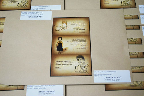 일본군 위안부 피해 할머니들의 감사편지가 동봉된 편지 봉투 위에 일본 아베총리의 위안부 망언을 비난하는 그림이 붙여졌다. ©서경덕 교수 페이스북