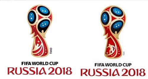왼쪽은 2018 러시아 월드컵 엠블럼 이미지, 오른쪽은 일간베스트 저장소에서 제작한 합성 이미지다. 로고 하단에 고 노무현 대통령이 공을 차고 있는 모습이 합성됐다.