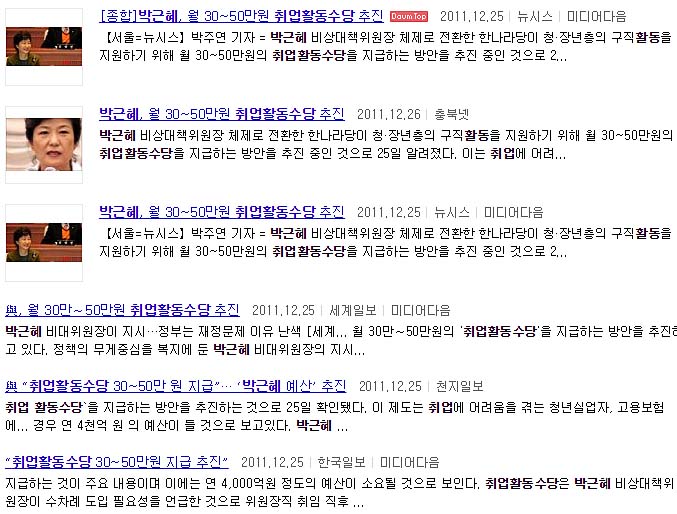 2011년 당시 박근혜 한나라당 비대위원장이 추진했던 ‘취업활동수당’ 정책 관련 기사들. <사진 출처 = 다음 화면 캡처>