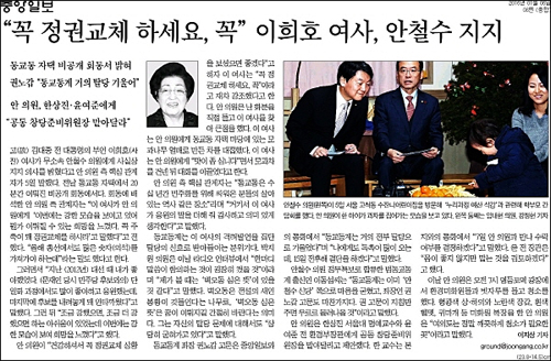 중앙일보 6일자 8면 <“꼭 정권교체 하세요, 꼭” 이희호 여사, 안철수 지지> 기사 <사진=중앙일보 PDF>