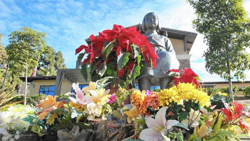 Flowers lie at the Glendale memorial to “comfort women.” (Roger Wilson / Glendale News Press)글렌데일 ‘위안부’ 추모비에 꽃들이 놓여져 있다.