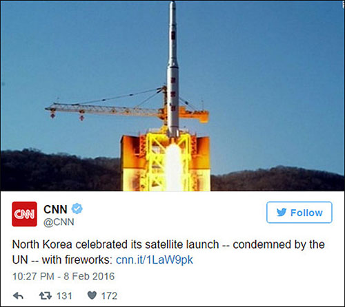 CNN은 8일(현지시각) “북한이 인공위성 발사를 축하했다”며 “UN의 비난을 받으며 불꽃놀이도 함께”라고 전했다.