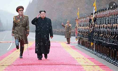 North Korean leader Kim Jong-un saluting during a visit to the Ministry of the People’s Armed Forces in January. Photograph: KCNA/Reuters북한의 지도자 김정은이 지난 1월 인민무력부 방문 중에 경례하고 있다. 사진: 조선중앙통신/로이터