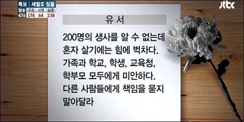 2014년 4월 21일 JTBC <‘하늘나라에서도 선생님을…’ 단원고 교감의 마지막 길> 보도  <사진출처=JTBC 화면캡처>