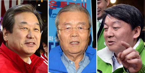 4·13 총선 공식 선거운동 첫날인 31일 새벽 새누리당 김무성(왼쪽) 대표가 서울 중구 신당동 동대문 누죤빌딩을, 더불어민주당 김종인(가운데) 비상대책위원회 대표는 서울 동대문패션타운과 신평화시장을, 국민의당 안철수(오른쪽) 공동대표가 종로구 세운전자상가를 방문해 디지털 제품에 관해 이야기하며 지지를 호소하고 있다. <사진제공=뉴시스>