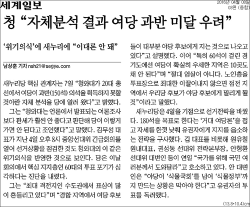 세계일보 8일자 3면 <청 “자체분석 결과 여당 과반 미달 우려”> ⓒ 세계일보PDF