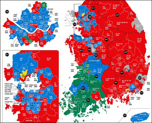 한겨레신문 14일자 5면 <줄어든 빨강…수도권 파랑‧호남 초록 물결 ‘컬러풀 민심’> ⓒ 한겨레신문PDF