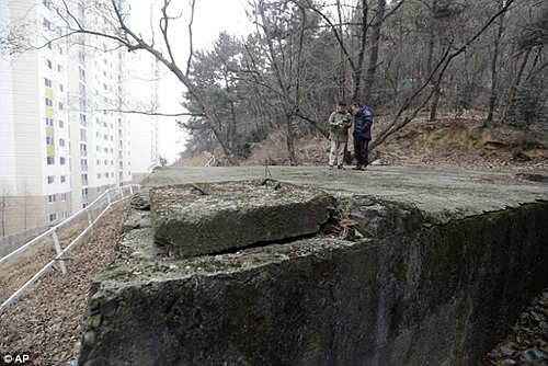 Ex-inmates Choi and Lee Chae-sik stood on a concrete-covered former water reservoir that they think is the only remaining physical trace of Brothers형제복지원 원생이었던 최 씨와 이채식 씨가 유일하게 남아있는 형제복지원 건물의 흔적이라고 여기는 콘크리트로 덮힌 옛 배수지 위에 서 있다.