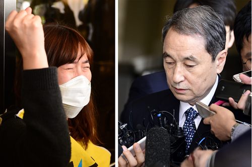 신현우(오른쪽) 옥시레킷벤저 전 대표가 '가습기살균제 사망사건'과 관련 검찰 소환 조사를 받은 26일 오전 서울 서초구 서울지방검찰청에서 가습기살균제피해자 가족이 눈물을 흘리고 있다. <사진제공=뉴시스>