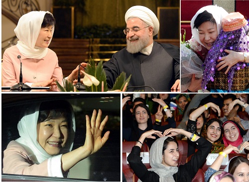 이란식 히잡 ‘루싸리’를 두르고 이란을 공식 방문한 박근혜 대통령이 2일 오후(현지시각) 이란 테헤란 사드아바드 좀후리궁 로비에서 열린 한-이란 협정서명식 및 공동기자회견에서 하산 로하니 이란 대통령(사진 위 왼쪽부터 시계방향으로)과 담소하고, 1일 메흐라바드 국제공항에 도착 화동으로부터 꽃다발을 받으며 포옹하고 있다. <사진제공=뉴시스>