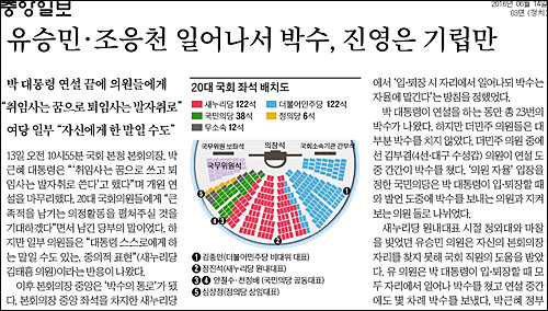 중앙일보 14일자 3면 <유승민·조응천 일어나서 박수, 진영은 기립만> ⓒ 중앙일보PDF