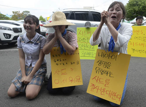 14일 오후 경북 성주군청 앞에서 사드배치 반대 구호를 외치던 한 어머니와 딸이 무릎을 꿇고 사드배치 철회를 호소하고 있다. <사진제공=뉴시스>