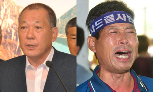 김항곤(좌) 경북 성주군수가 22일 오전 군청 강당에서 기자회견을 하고 있다. 김 군수는 이날 성명에서 "사드배치 지역으로 성산포대 대신 다른 후보지를 국방부에 요청한다"고 밝혔다. 김 군수의 기자회견 내용에 분노한 군민(우)이 눈물을 흘리고 있다. <사진제공=뉴시스>