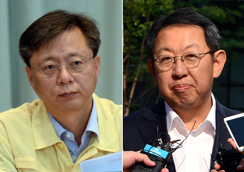 비리 의혹의 우병우 청와대 민정수석(왼쪽)이 22일 오전 청와대 영상회의실에서 열린 제1회 을지국무회의에 참석하고 있다. 우 수석에 대한 감찰내용 유출 의혹으로 보수성향 시민단체에 의해 고발당한 이석수(오른쪽) 대통령직속 특별감찰관이 22일 오전 서울 종로구 청진동 사무실로 정상 출근하며 기자들의 질문을 듣고 있다. 검찰은 우병우 수석과 이석수 특별감찰관에 대한 수사를 이르면 이날 배당할 것으로 알려졌다. <사진제공=뉴시스>