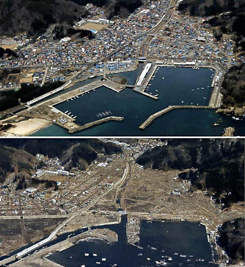 일본 대지진 전후 모습   일본 도쿄(東京)대학 지진연구소 스지 요시노부 교수가 공개한 해안도시를 폐허로 만든 38m 쓰나미 사진. 쓰나미 피해가 컸던 이와테현 미야코시 다로지구 항구의 쓰나미 전후 사진. 왼쪽 하단부의 소나무 숲(사진 위)이 쓰나미 이후 완전히 사라져(사진 아래) 쓰나미의 규모를 짐작케 한다. <사진=건국대 제공, 뉴시스>