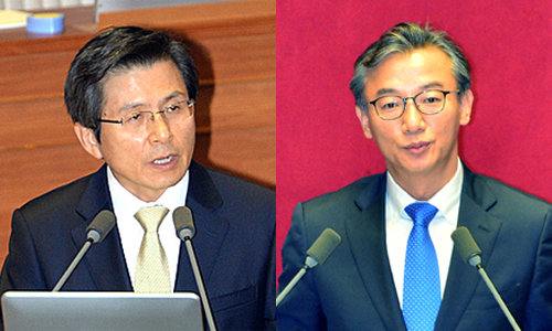 더불어민주당 전재수 의원(우)이 23일 오후 서울 여의도 국회 본회의장에서 교육·사회·문화 분야 대정부 질문을 하고 있다. 전 의원은 이날 대정부 질문에서 황교안 국무총리(좌) 등을 상대로 미르, K스포츠 재단 의혹 등에 대해 질의했다. <사진제공=뉴시스>