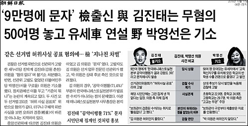 조선일보 17일자 6면 <‘9만명에 문자’ 檢출신 與 김진태는 무혐의, 50여명 놓고 유세車 연설 野 박영선은 기소> ⓒ 조선일보PDF