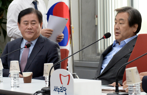 새누리당 김무성 전 대표와 최경환 의원이 17일 오후 서울 여의도 국회 당대표실에서 열린 송민순 회고록 관련 중진의원 간담회에 참석하고 있다.<사진제공=뉴시스>