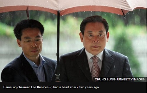 Samsung chairman Lee Kun-hee (r) had a heart attack two years ago.(CHUNG SUNG-JUN/GETTY IMAGES)삼성의 회장인 이건희는 2년 전 심장마비를 일으켰다.