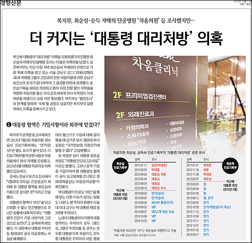 경향신문 17일자 4면 <더 커지는 ‘대통령 대리처방’ 의혹…복지부, 최순실·순득 자매의 단골병원 ‘차움의원’ 등 조사했지만…> ⓒ 경향신문PDF