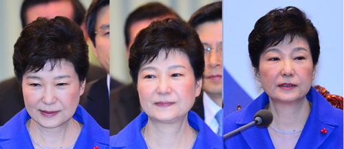 박근혜 대통령의 탄핵소추안 표결이 가결된 9일 오후 박 대통령이 청와대 위민관에서 열린 국무위원들과 간담회에 입장해 모두발언을 하고 있다. <사진제공=뉴시스>