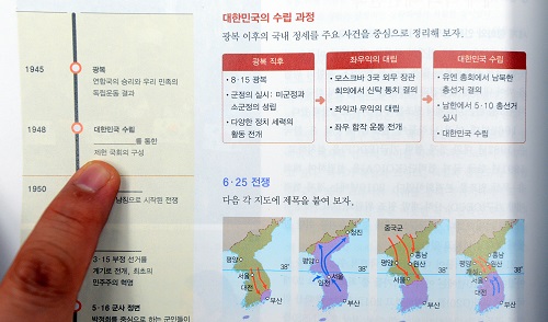중고등학교 국정 역사교과서 최종본을 교육부가 1월31일 공개했다. 사진은 언론에 배포된 국정교과서 중 대한민국 수립에 관련된 내용.<사진제공=뉴시스>