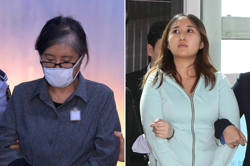 ▲ '비선실세' 최순실 (왼쪽)이 31일 오후 서울 서초구 서울중앙지방법원에서 열린 공판에 출석하고 있다. 비슷한 시각 그녀의 딸 정유라가 국정농단 사태가 불거진 이후 245일만에 검찰 체포상태로 인천국제공항에 도착하고 있다. <사진제공=뉴시스>