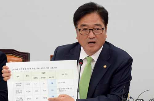 ▲ 우원식 더불어민주당 원내대표가 20일 오전 서울 영등포구 여의도 국회 원내대표 회의실에서 진행된 더불어민주당 원내대책회의에서 “야당은 추경에 협조해야한다”고 발언하고 있다. <사진제공=뉴시스>