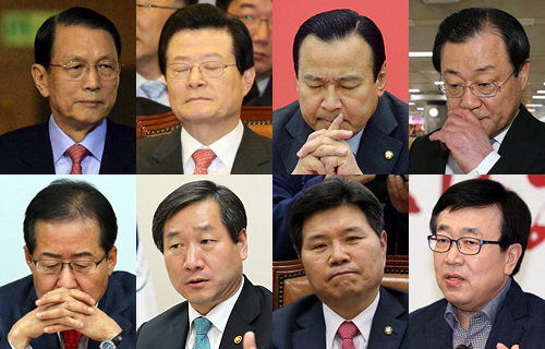 ▲ 고 성완종 전 경남기업 회장의 주머니에서 발견된 메모지에 등장하는 구여당측 인사들. (왼쪽 위 시계방향으로) 김기춘 허태열 전 청와대 비서실장, 이완구 전 국무총리, 서병수 부산시장, 홍준표 경남지사, 유정복 인천시장, 홍문종 의원, 이병기 전 대통령 비서실장. <사진제공=뉴시스>