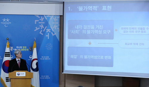 ▲ 오태규 한일 일본군위안부 피해자 문제합의 검토 TF 위원장이 27일 오후 서울 외교부에서 한일 일본군 위안부 피해자 문제 합의 검토 TF 결과를 발표하고 있다. <사진제공=뉴시스>