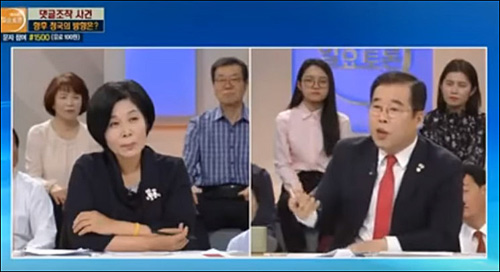 ▲ 최민희(좌) 전 더불어민주당 의원과 박성중(우) 자유한국당 의원이 22일 오전 KBS 생방송 ‘일요토론’에서 드루킹 사건에 대한 토론을 벌이고 있다. <사진=유튜브 영상 캡처>