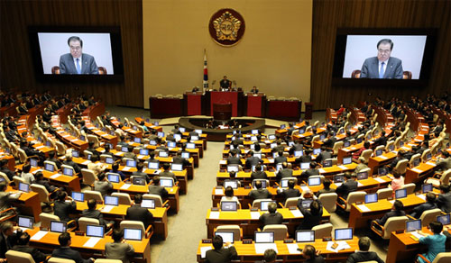 ▲ 3일 오후 서울 영등포구 여의도 국회에서 진행된 제364회 국회(정기회) 개회식에서 문희상 국회의장이 개회사를 하고 있다. <사진제공=뉴시스>