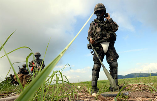 ▲ 지뢰 수색작전 펼치는 수색대원. <자료사진=뉴시스>