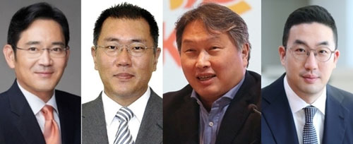 ▲ 이재용(왼쪽부터) 삼성전자 부회장, 정의선 현대자동차 부회장, 최태원 SK그룹 회장, 구광모 LG그룹 회장. <사진제공=뉴시스>